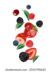 Mix berries fruits flying of Tropical fruits isolated on white background. Vector in 3D illustrations. Food concepts.