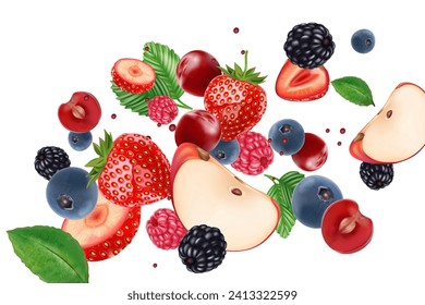 Mix berries fruits splashing of Tropical fruits isolated on white background. Realistic vector in 3D illustrations. Food and drink concepts.