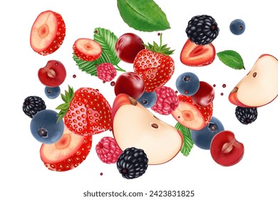 Mezcla de bayas con frutas tropicales aisladas de fondo blanco. Vector realista en ilustraciones 3D. Conceptos de comida y bebida.