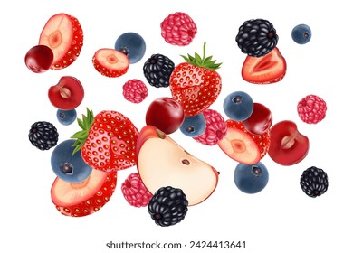 Mezcla bayas frutas salpicaduras de frutas tropicales aisladas sobre fondo blanco. Vector realista en ilustraciones 3D. Conceptos de comida y bebida.