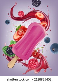 Mix berries ice cream popsicle in the middle on solid color background. Realistic vector in 3D illustration.