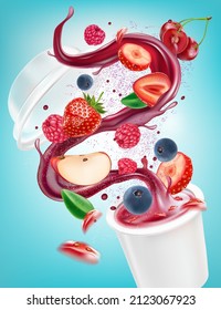 Mix berries smooth fruit Splashing of Tropical fruits with packaging mock up on solid color background. Vector in 3D illustrations.