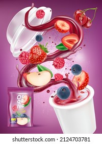Mix berries smooth fruit Splashing of Tropical fruits with packaging mock up on solid color background. Vector in 3D illustrations.