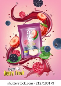 Mix berries smooth fruit Splashing with packaging mock up of Tropical fruits on solid color background. Vector in 3D illustrations.