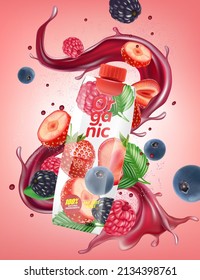 Mix berries smooth fruit Splashing of Tropical fruits on solid color background. Vector in 3D illustrations. Packaging mock up.