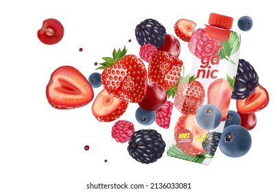 Mix berries smooth fruit Splashing of Tropical fruits on solid color background. Vector in 3D illustrations. Packaging mockup