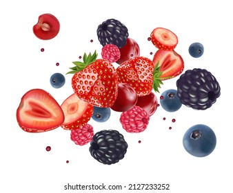 Mix berries smoothies fruit splashing of Tropical fruits isolated on white background. Vector in 3D illustrations.