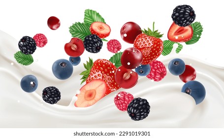 Mix Beeren Smoothies Fruchtsplash von tropischen Früchten einzeln auf weißem Hintergrund. Vektorgrafik in 3D-Illustrationen.