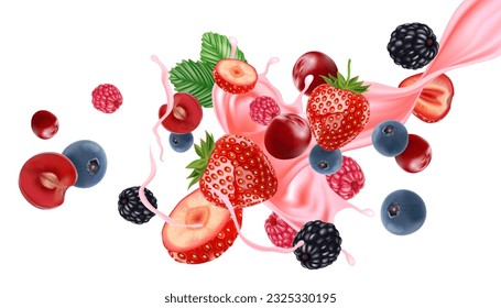 Las bayas de mezcla suavizan los frutos salpicados de frutas tropicales aisladas de fondo blanco. Vector en ilustraciones 3D. Conceptos alimentarios.