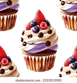 Mix berry muffin cupcake vector seamless pattern. Cupcake with raspberry, blueberry, strawberry delicious dessert isolated on white background.