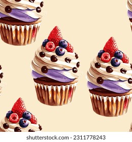 Mix berry muffin cupcake vector seamless pattern. Cupcake with raspberry, blueberry, strawberry delicious dessert isolated on beige background.
