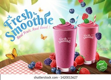 Mix berry smoothie ads with rich berries on wooden table and bokeh nature background in 3d illustration