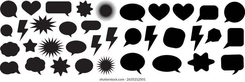A mix of black chat box designs, comic bubbles, silhouette boxes, and empty speech silhouettes, complete with outlined heart, star, and lightning shapes.