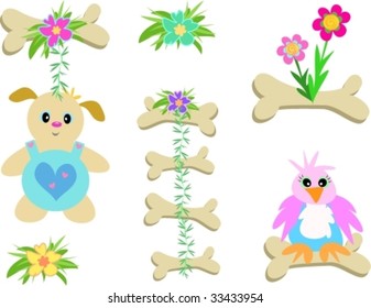 Mix of Bones, Birds, Dog, and Flowers Vector