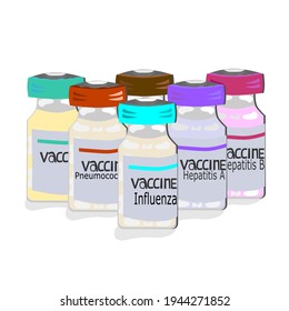 Mezclar Icono vector de vacuna de frasco, Concepto para medicina y atención de la salud, vial médico de vidrio de frasco con color de cápsula de aluminio y todas las etiquetas esperadas, sobre fondo blanco.