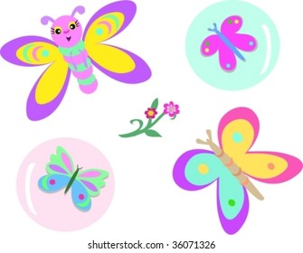 Mix of Butterflies, Bubbles, and Flowers Vector