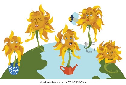 Mix of of cartoon sunflowers with different emotions on planet. Protection of the surrounding land