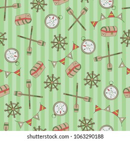 Mix of chest, shipwheel, compass, flag. A playful, modern, and flexible pattern for brand who has cute and fun style. Repeated pattern. Happy, bright, and nautical mood. 