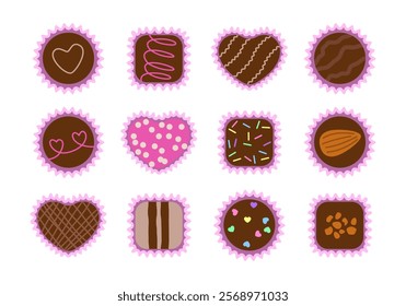 Mix of chocolate candies. Set of chocolate candies. Assortment of chocolate candies sweets