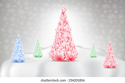 Mix Christmas tree and snow on gray background. Vector Design. 