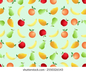 Mix colorful fruits of orange, apple, pear, mango and banana on light green background, seamless pattern doodle design. 