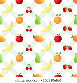 Mix colorful fruits of orange, apple, pear, mango and banana, strawberry and cherry on soft green diagonal lines background, seamless pattern doodle design. 