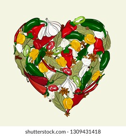 mix colorful hot peppers and spices in the shape of a heart. Chile, jalapeno, tabasco, cayenne. Cloves, garlic, peppercorns, anise, bay leaf. Vector vegetables for menu market and farm product,logo