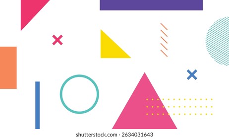 Mix of colorful triangles, circles, and lines in a fun layout. Perfect for modern posters and web templates.