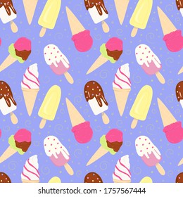 Mix of colorful vector ice cream on a purple background with doodle ornament seamless pattern.