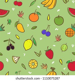 Mix cute fruits seamless pattern background vector format in hand drawing cartoon style