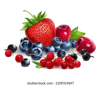 Mix Of Different Berries, Fresh Assorted Strawberries, Currants, Blueberries, Bog Whortleberry, Sweet Cherri Isolated On White Background.