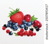 Mix of different berries, set of sweet berry on transparent background. Vector illustration