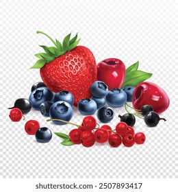 Mix of different berries, set of sweet berry on transparent background. Vector illustration