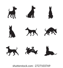 Mezcla de silueta de poses de perro. Siluetas de perro surtidas en posturas variadas para logotipos, pegatinas y colaterales para mascotas. Formas de Vector claras, impresión lista.