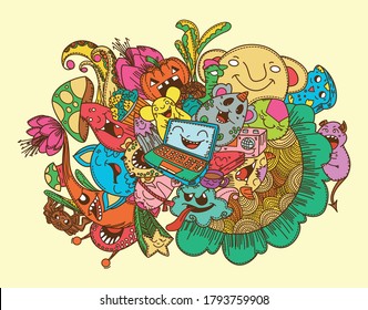 Mix of doodle monster and nature summer illustration vector
