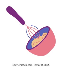 Mix Dough with Whisk in deep bowl. Prepare dish for bakery, confectionery. Kitchen utensils for whipping. Cooking. Culinary device. Isolated on white background. Flat style. Color Vector illustration.