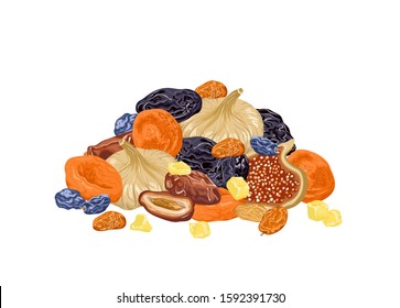 Mix of dried fruits isolated on white background. Pile of dried dates, figs, raisins, prunes and dried apricots. Vector illustration of organic healthy food, natural sweets in cartoon flat style.