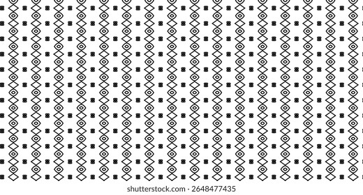 A mix of eye-like diamonds and clustered square dots in a clean black and white abstract pattern. Great for modern textiles.