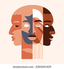 mix face different color abstract illustration, racial equality, diversity and against discrimination