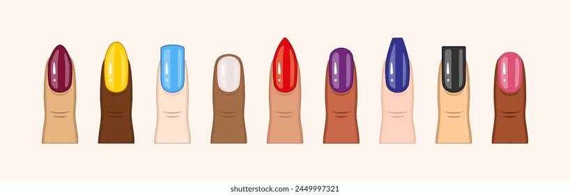 Mix of female fingers with different skin colors. Index finger with multi-colored nails and beautiful manicure-01