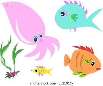 Mix of Fish, Squid, and Seaweed Vector