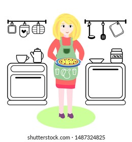 Mix of flat illustration and black line icon. Cooking time, pizza, kitchen.
