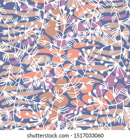 Mix floral geometric seamless pattern. Abstract background with botanical plants, striped oval shapes. Hand-drawn colorful paving stone forms. Smooth Irregular elements blocks and flowers silhouettes