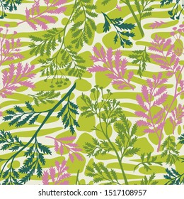Mix floral geometric seamless pattern. Abstract background with botanical plants, twigs, branches leaves on striped oval shapes. paving stone forms. Smooth elements blocks and floral silhouettes. 