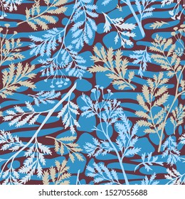 Mix floral geometric seamless pattern. Abstract background with botanical plants, twigs, branches leaves on striped oval shapes. paving stone forms. Smooth elements blocks and floral silhouettes. 