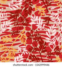 Mix floral geometric seamless pattern. Abstract background with botanical plants, twigs, branches leaves on striped oval shapes. paving stone forms. Smooth elements blocks and floral silhouettes. 