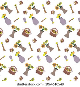mix flower styles in different vases and basket scattered pattern background vector illustration image
