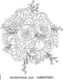 Mix flowers bouquet with roses and sunflowers sketch. Vector illustration in black and white. Coloring paper, page, book