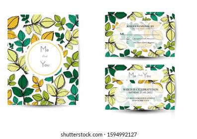 Mix flowers watercolor wedding invitation, rsvp card with green leaf eucalyptus branches decorative wreath in the white background