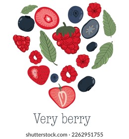 Mix of forest berries with mint leaves in a heart shape